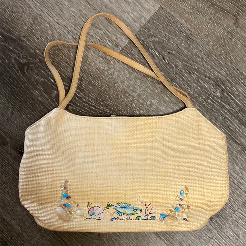 Fossil Forever Woven Straw Embroidered Tan Shoulder Bag